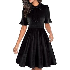 Black Velvet Ruffle Sleeve A-Line Dress Sz S
